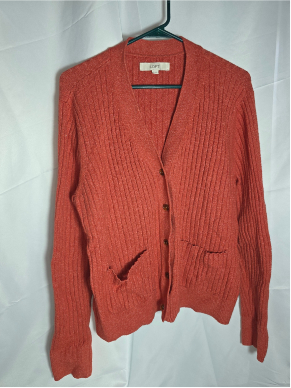 Women's LOFT Ribbed Cardigan Sweater Orange XL fall cozy soft casual officewear